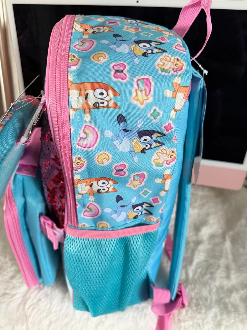Bluey Sequin Backpack and Lunchbox Set - Pink & Aqua 16in H 12in W